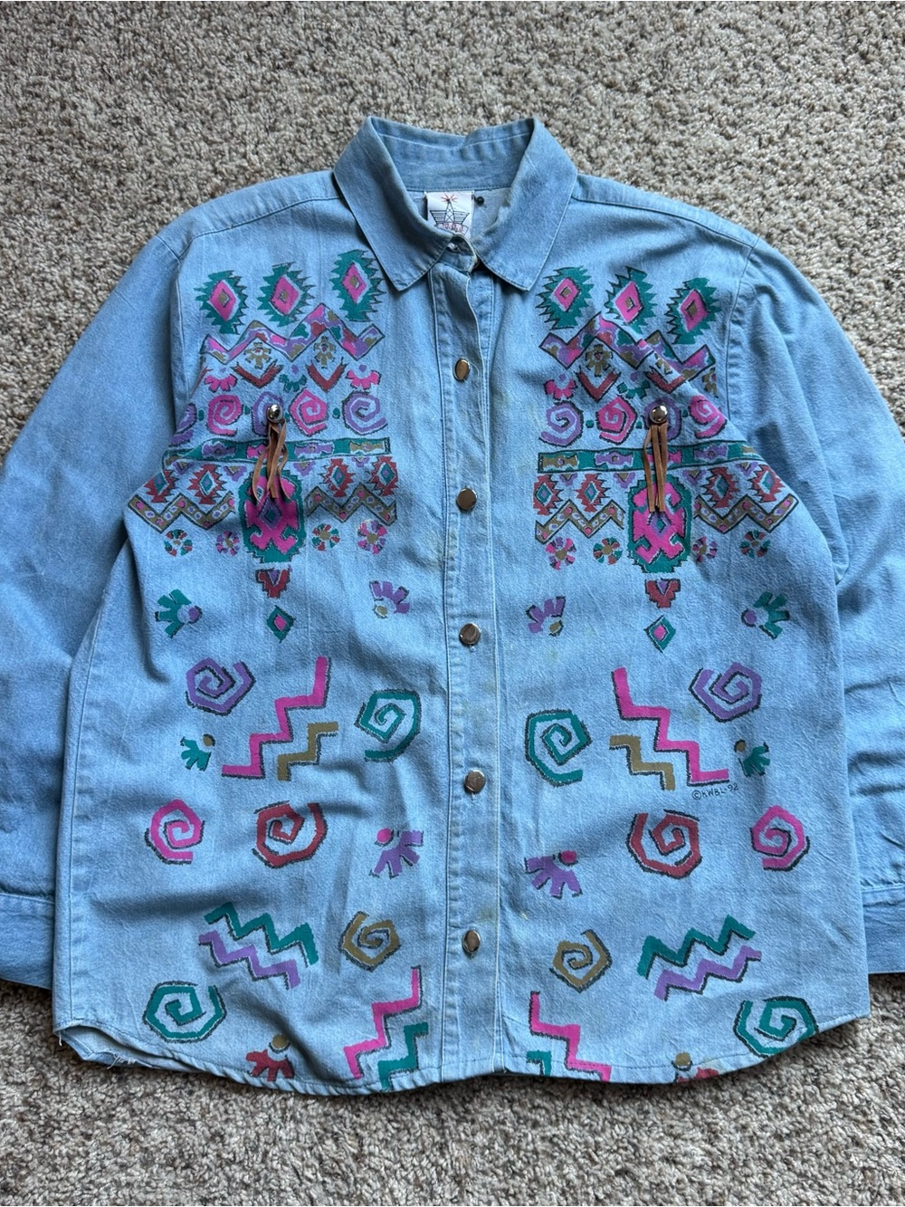 Vintage 1992 MWBL Los Angeles Denim Shirt Aztec Southwestern Painted Western